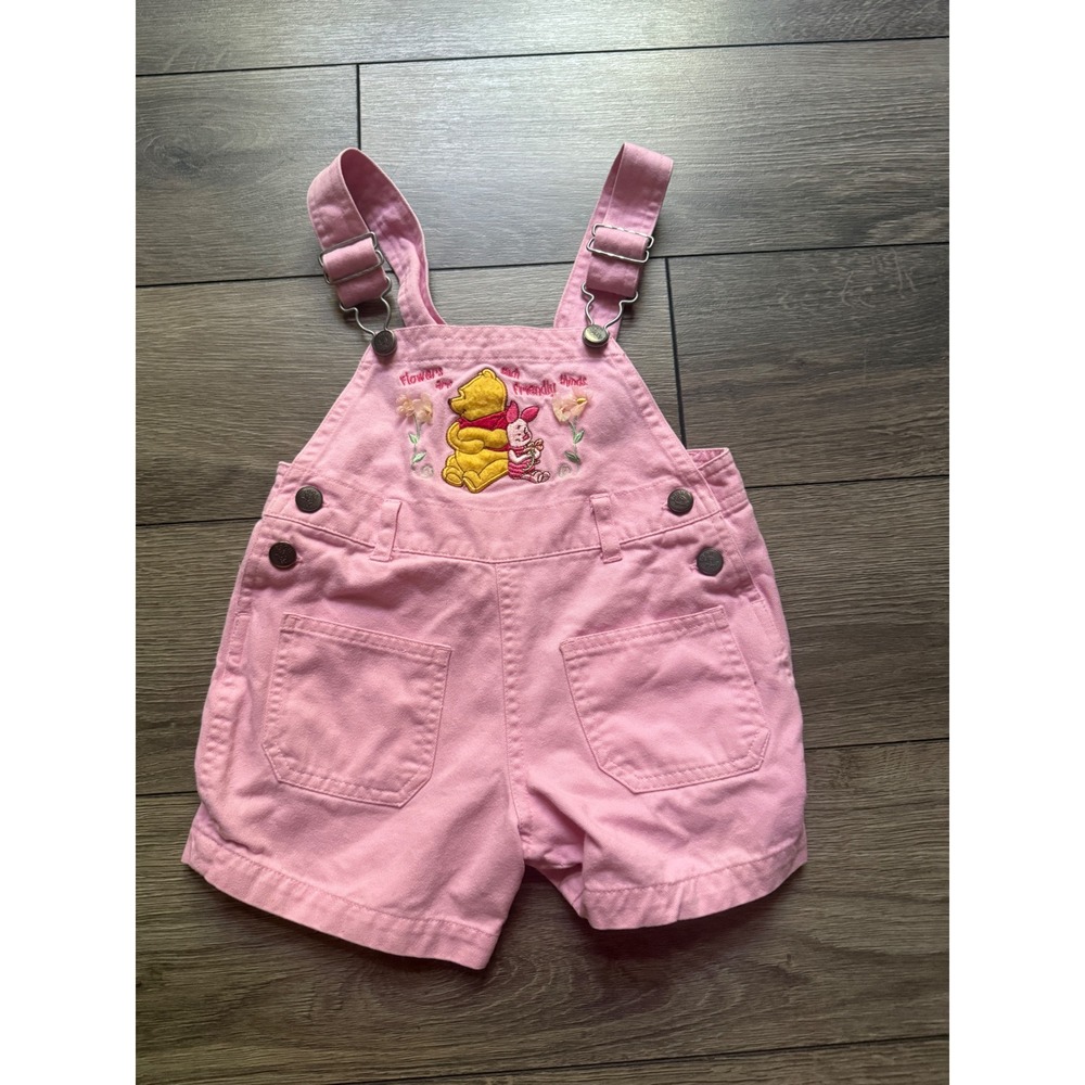 Rare Vintage Disney Winnie the Pooh Piglet Pink Denim Shortalls Overalls 2T Y2K